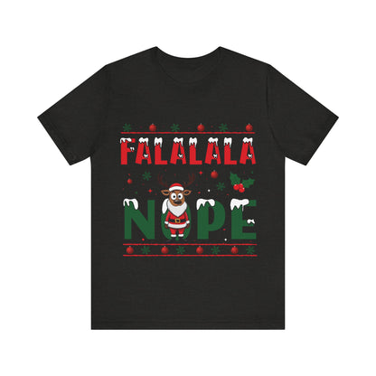 Black t-shirt with Christmas-themed design featuring a reindeer and text on a white background
