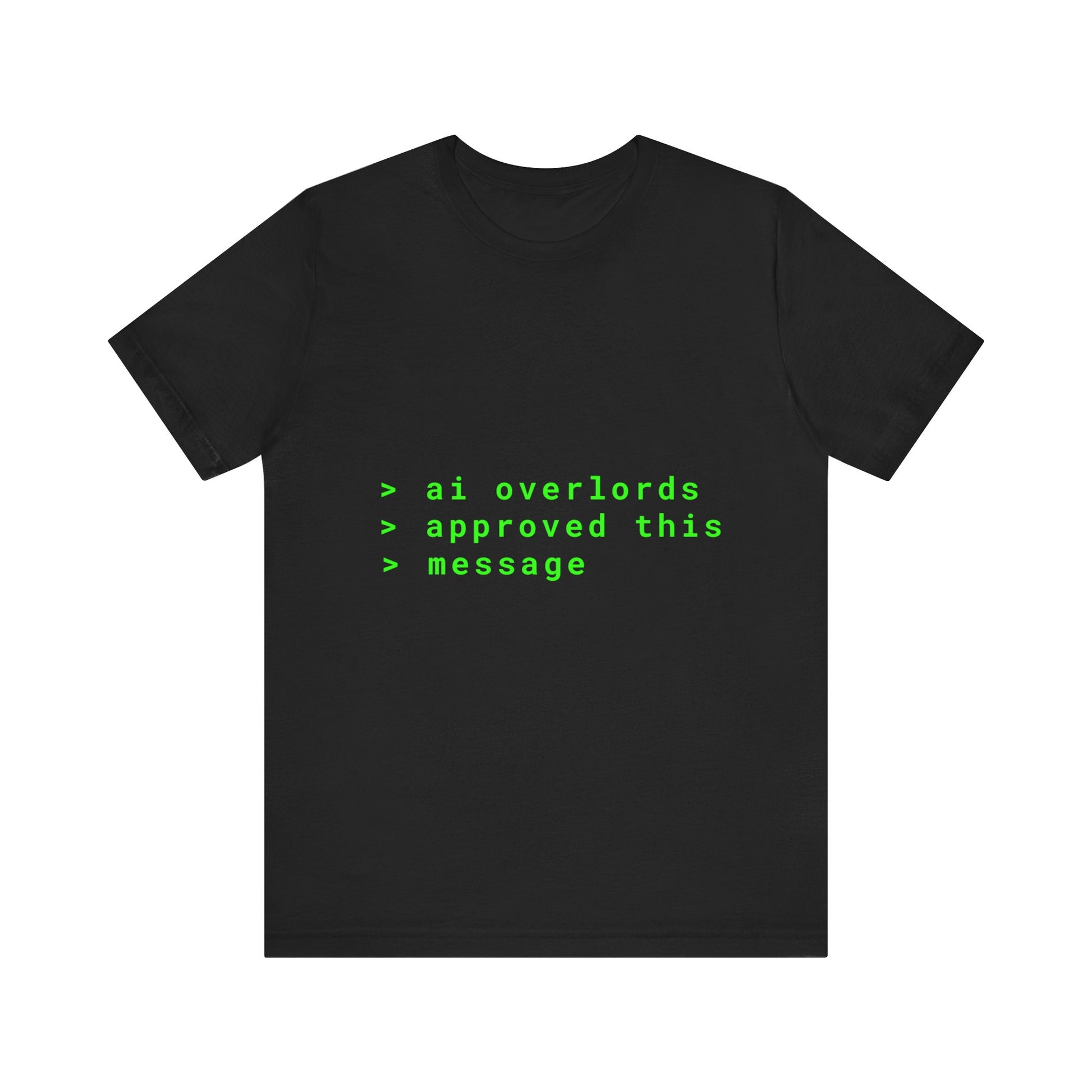 Black t-shirt with green text on a white background