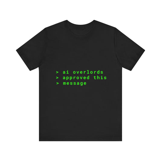 Black t-shirt with green text on a white background