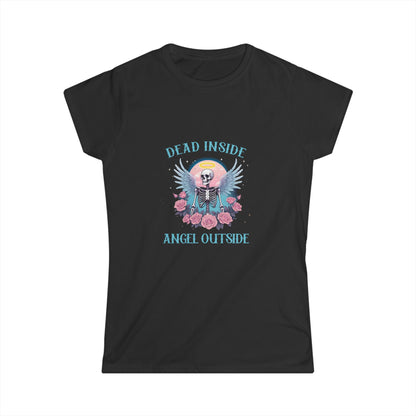 Black t-shirt with a skeleton and floral design on a white background