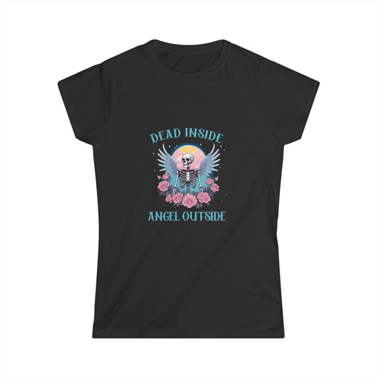 Black t-shirt with a skeleton and floral design on a white background
