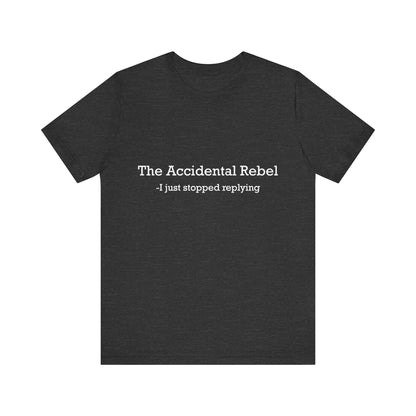 Black t-shirt with white text on a white background