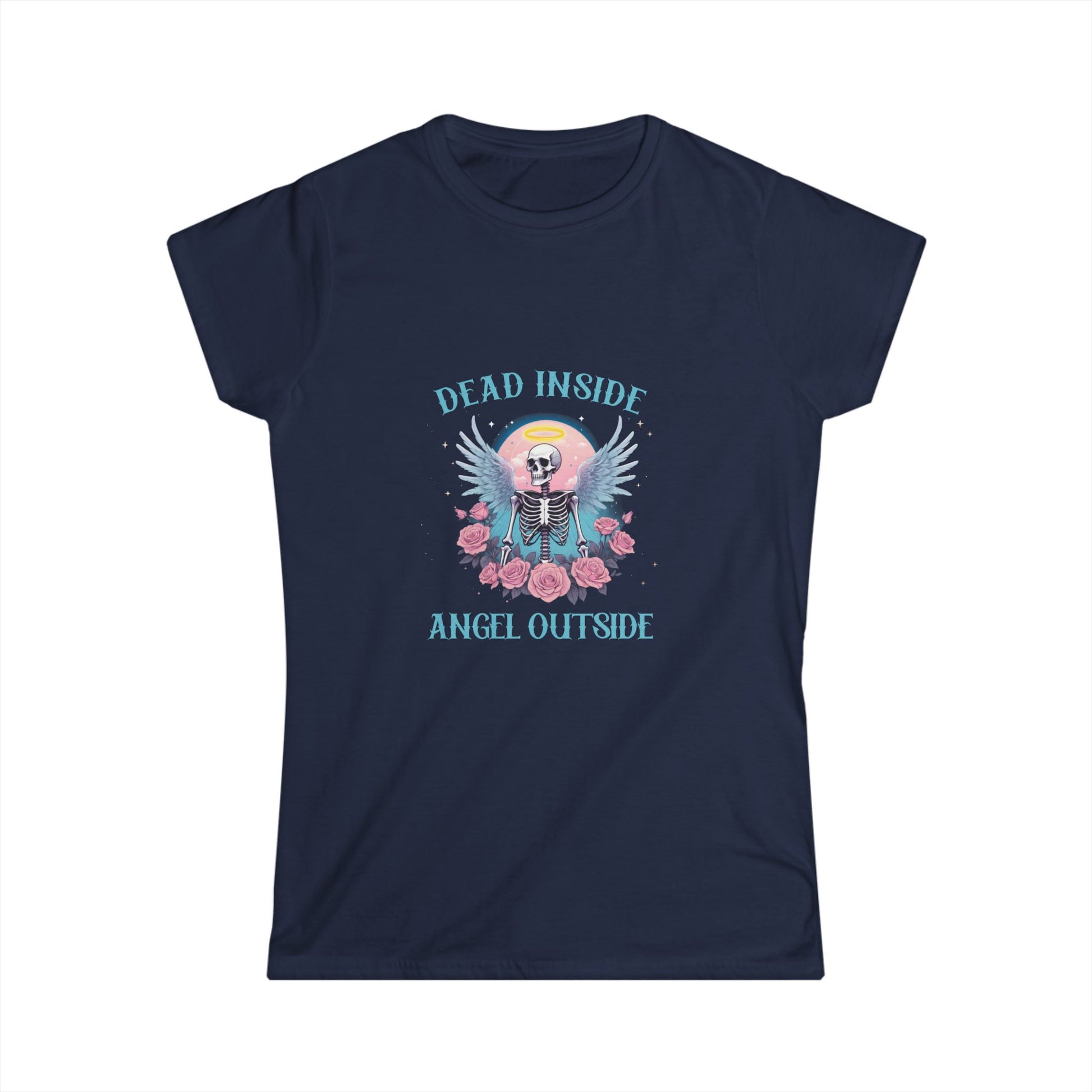 Navy blue t-shirt with a skeleton and floral design on a white background