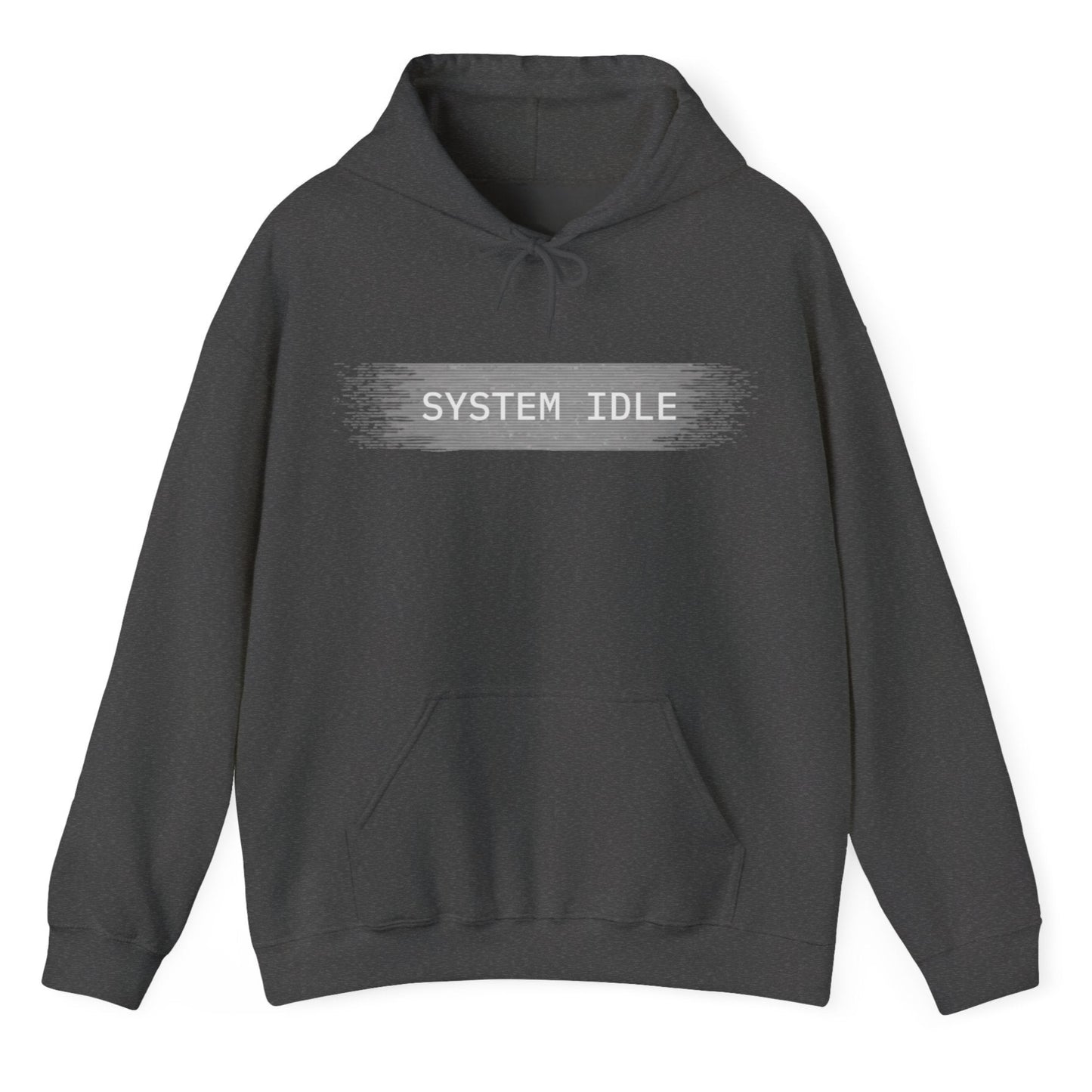 Dark gray hoodie with 'SYSTEM IDLE' text on a white background