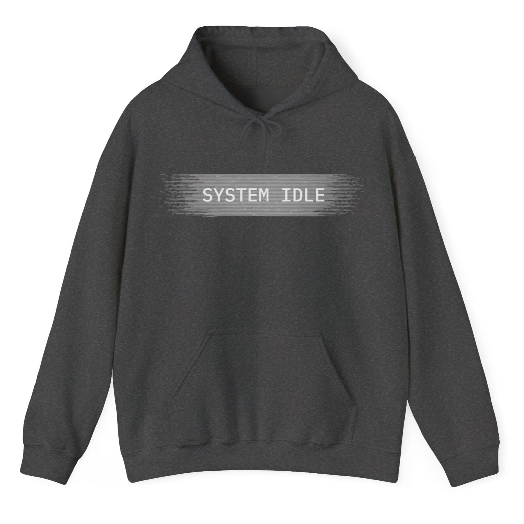 Dark gray hoodie with 'SYSTEM IDLE' text on a white background