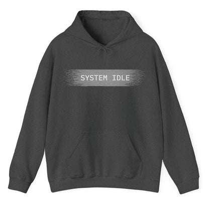 Dark gray hoodie with 'SYSTEM IDLE' text on a white background