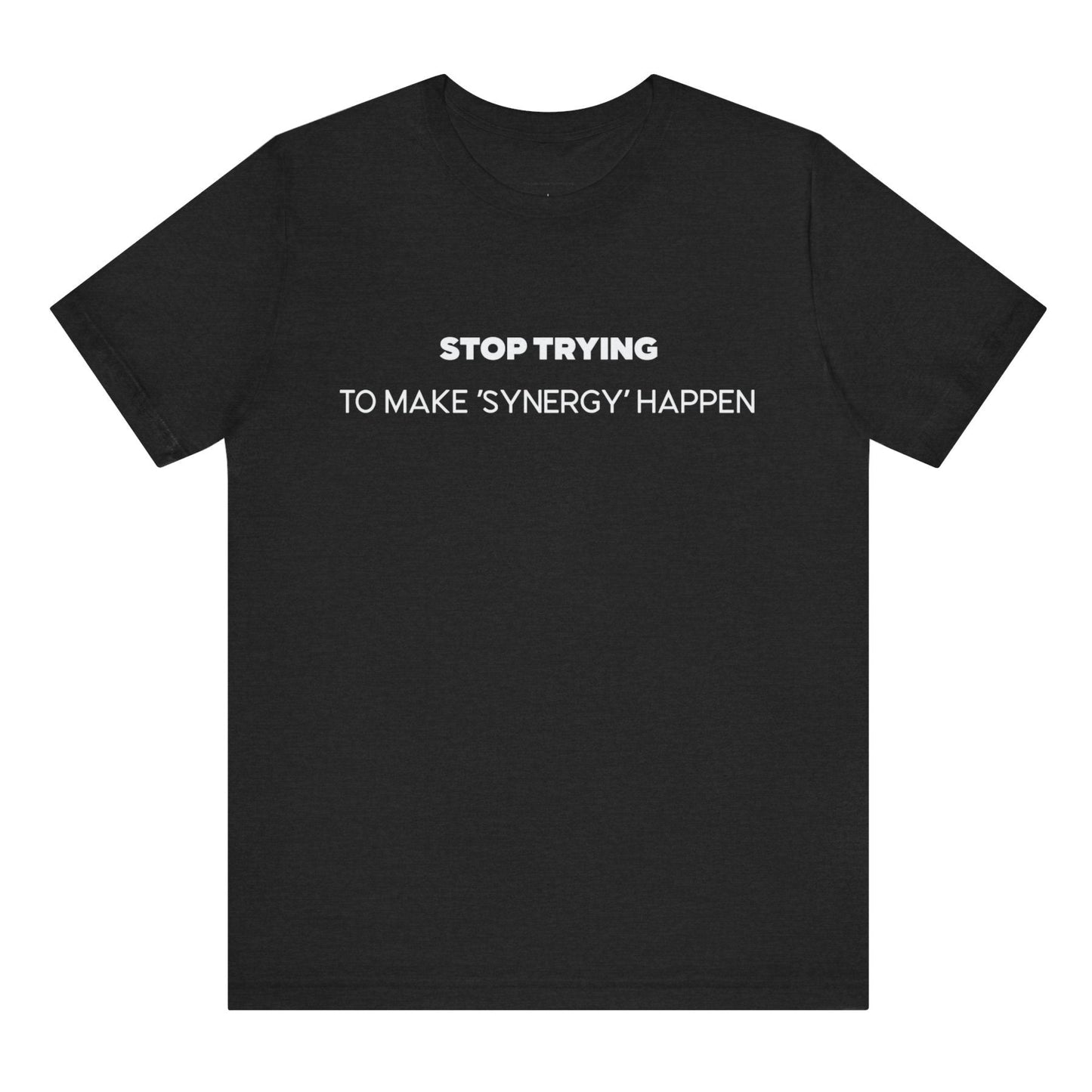 Black t-shirt with white text on a white background