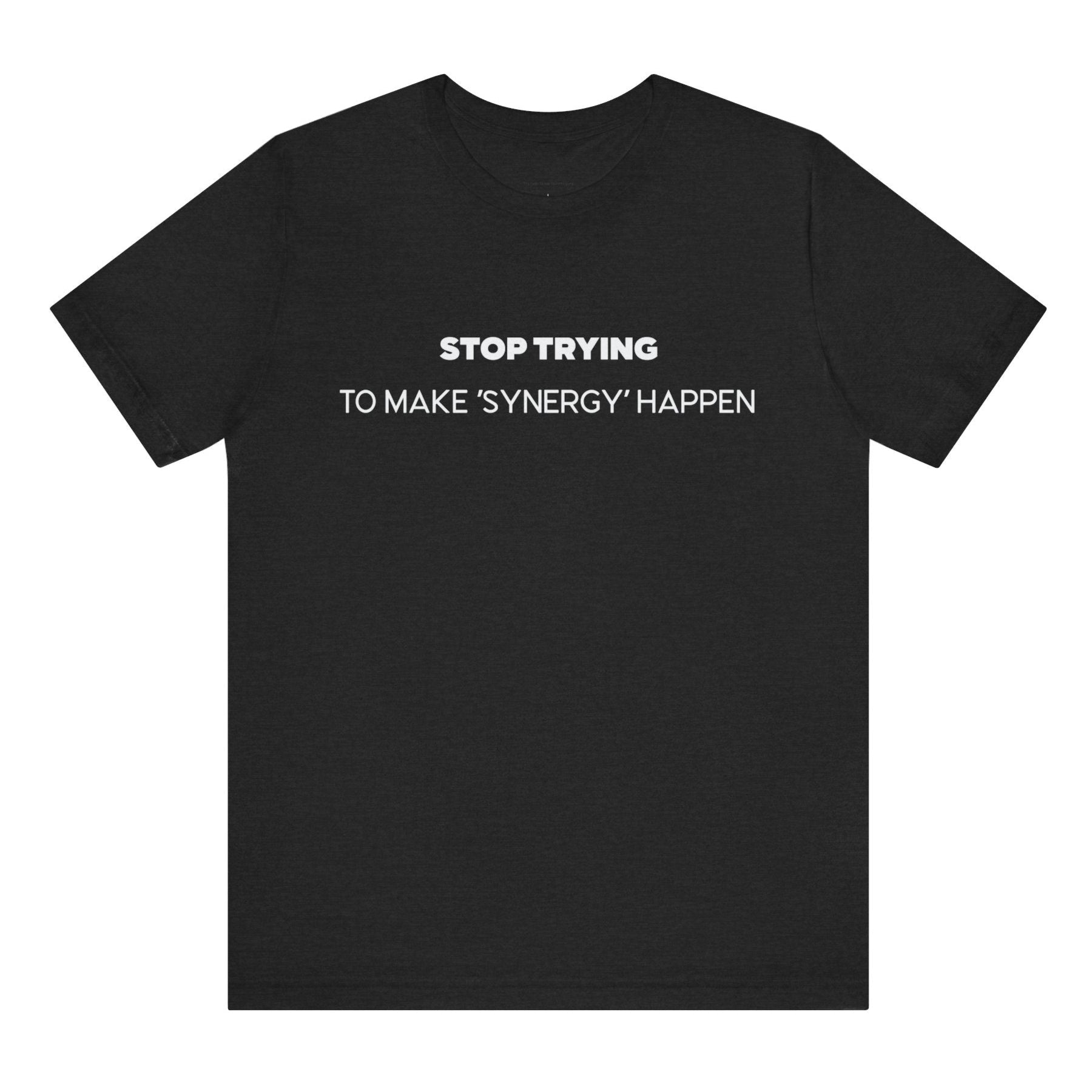 Black t-shirt with white text on a white background