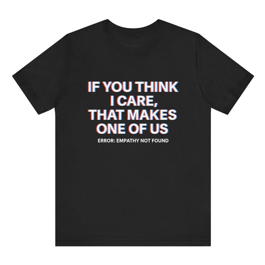 Black t-shirt with white text on a white background