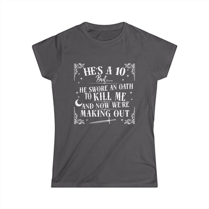 Dark gray t-shirt with white text on a white background