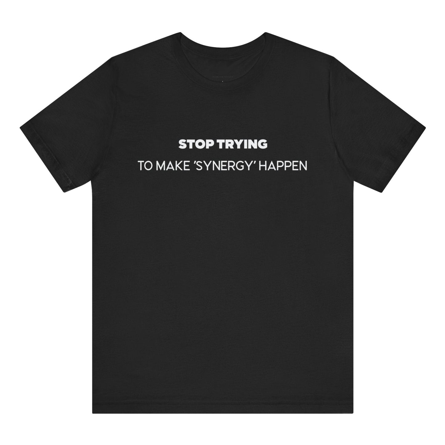 Black t-shirt with white text on a white background