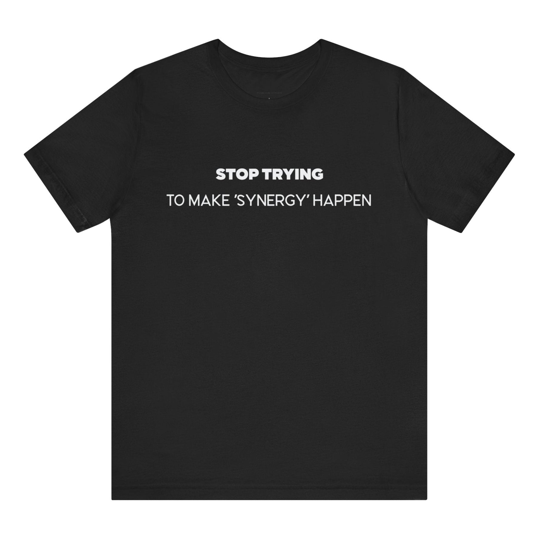 Black t-shirt with white text on a white background