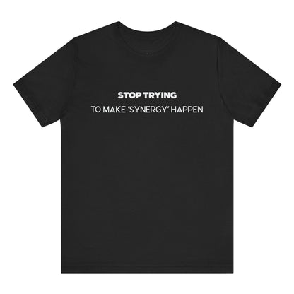 Black t-shirt with white text on a white background