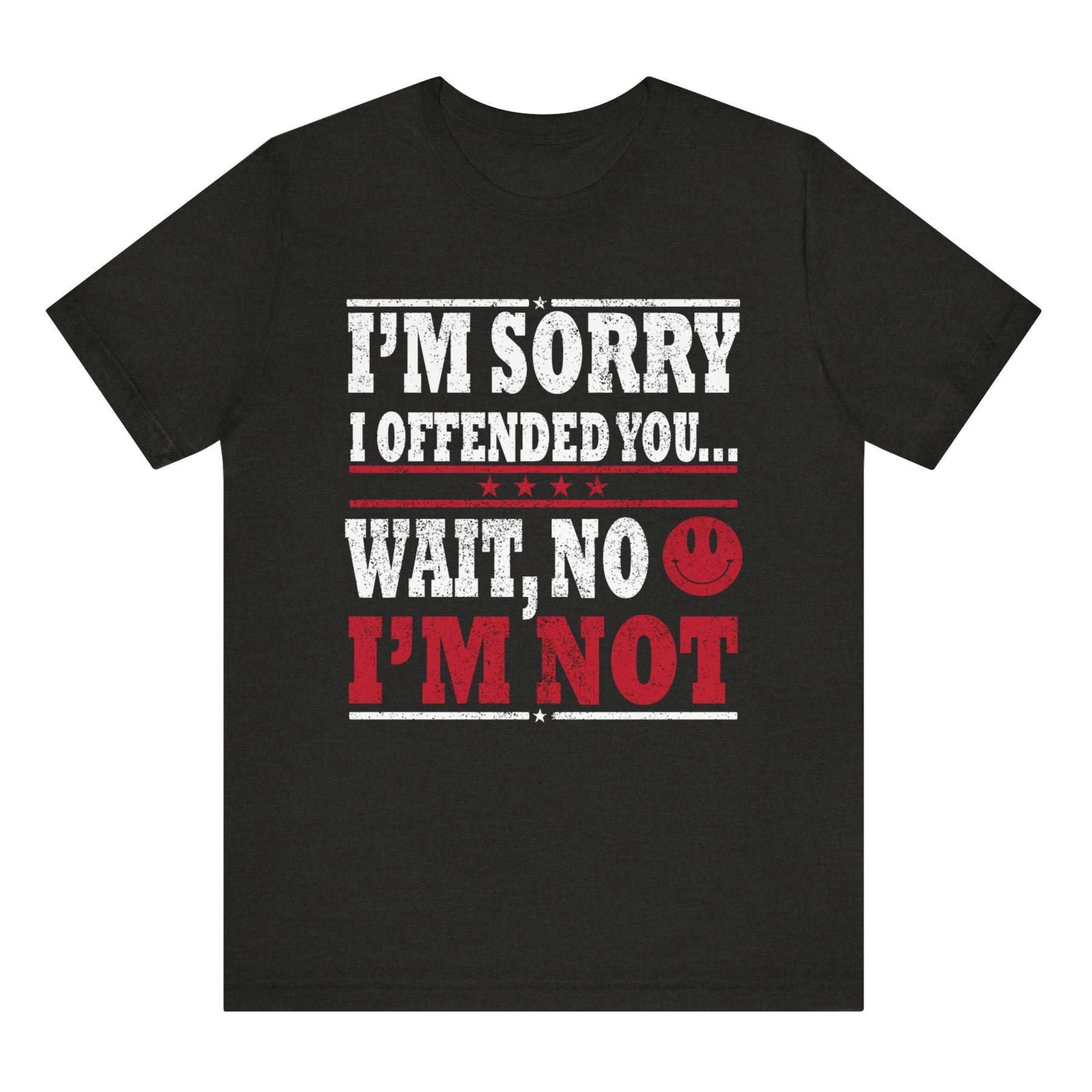 Black t-shirt with humorous text design on a white background