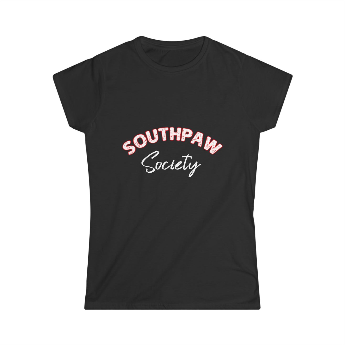 Black t-shirt with 'Southpaw Society' text on a white background