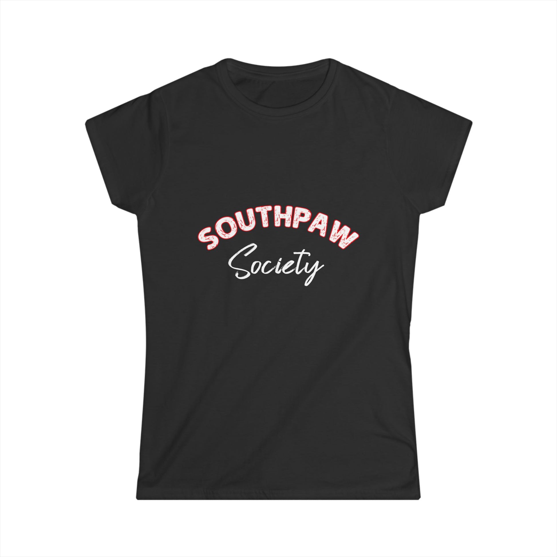 Black t-shirt with 'Southpaw Society' text on a white background