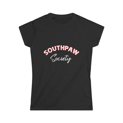 Black t-shirt with 'Southpaw Society' text on a white background