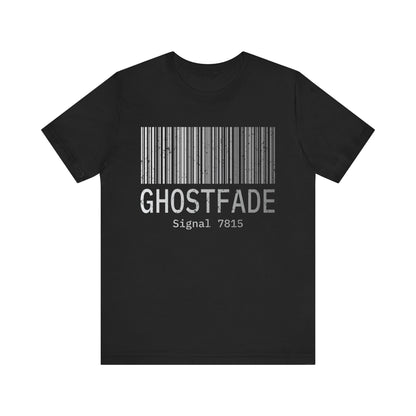Black t-shirt with barcode design and 'GHOSTFADE' text on a white background