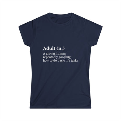 Navy blue t-shirt with white text on a white background