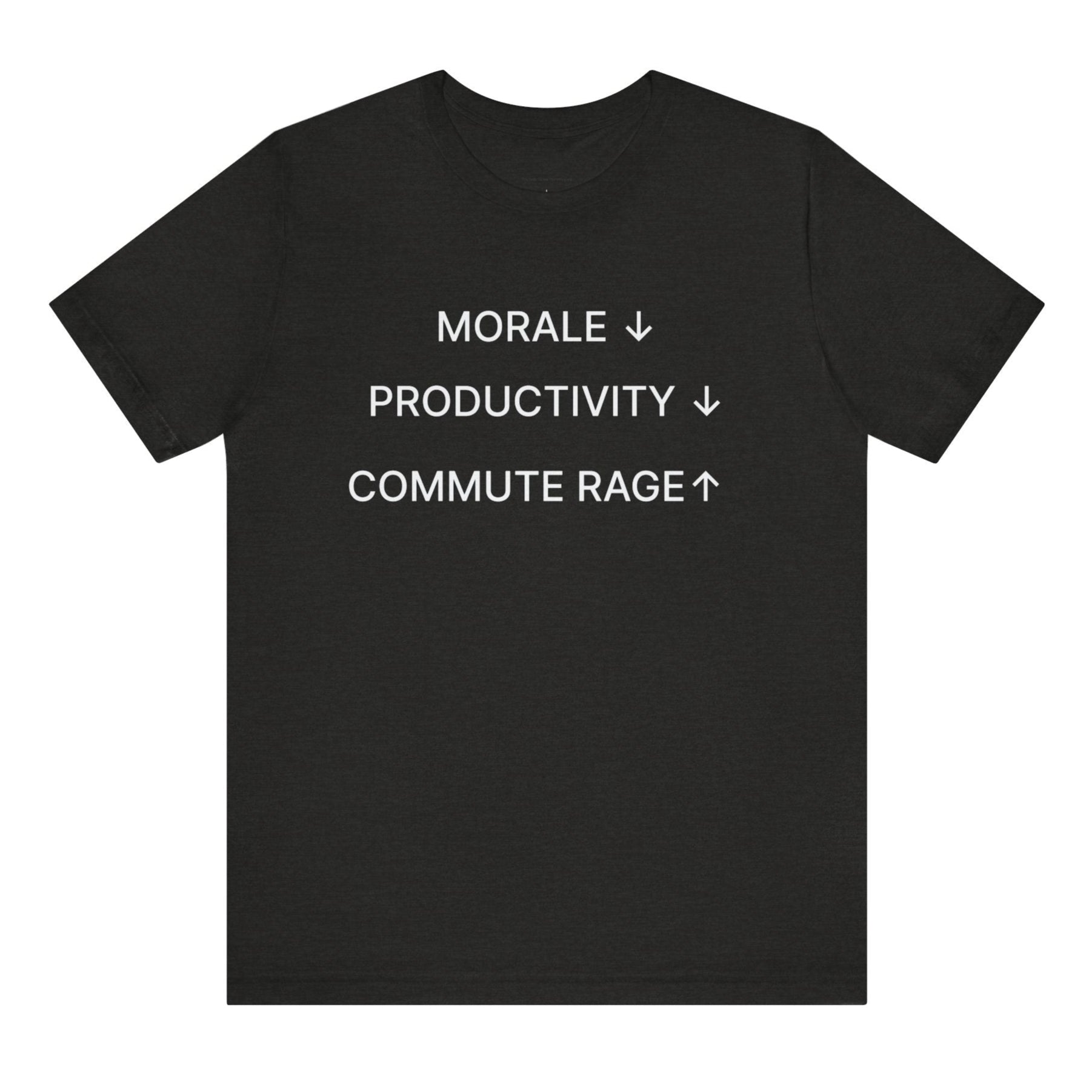 Black t-shirt with white text on a white background