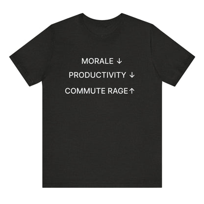 Black t-shirt with white text on a white background