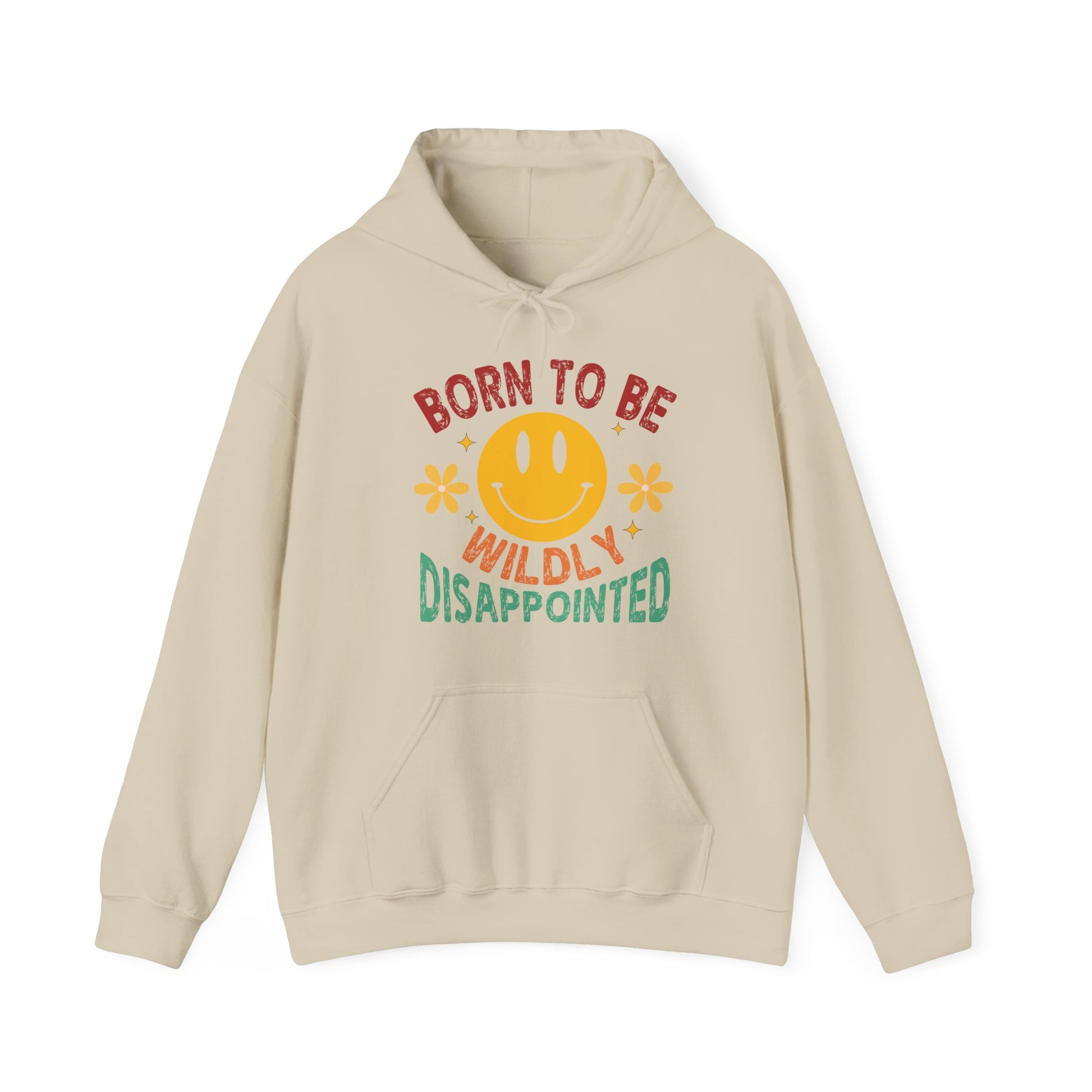 Beige hoodie with a smiley face and text on a white background