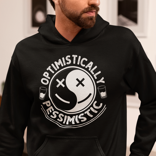 Person wearing a black hoodie with a white graphic design and text.