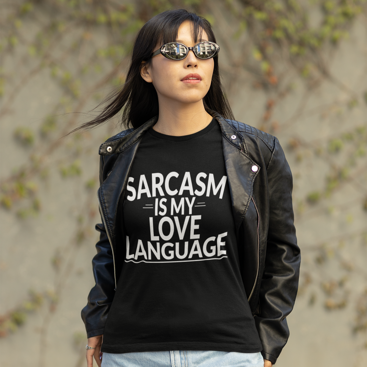 Person wearing a black t-shirt with 'SARCASM IS MY LOVE LANGUAGE' text, standing outdoors.